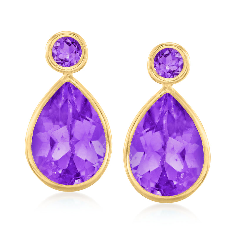 Amethyst teardrop drop earrings in 10kt yellow gold with post backs