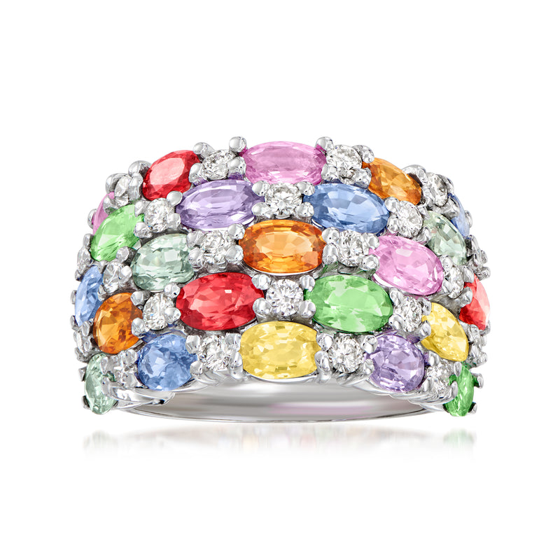 Multicolored sapphire checkerboard ring with diamond accents in white gold