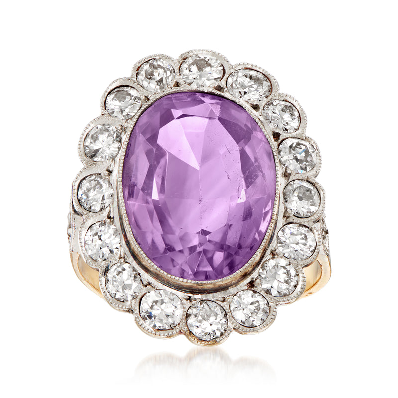 Vintage oval amethyst dinner ring with diamond halo, platinum and 18k yellow gold setting