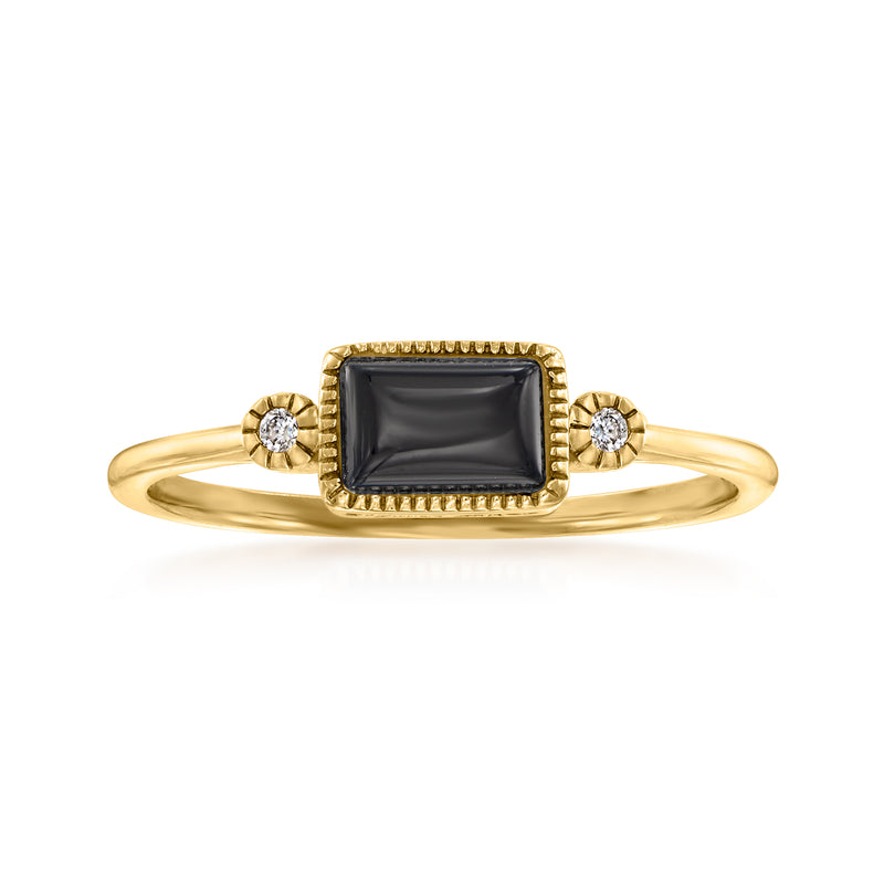 14kt yellow gold ring with rectangular black onyx bezel and round diamond accents