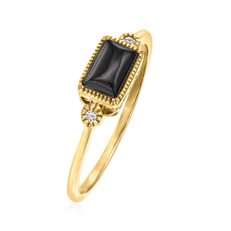 14kt yellow gold ring with raised rectangular black onyx and round side diamond accents