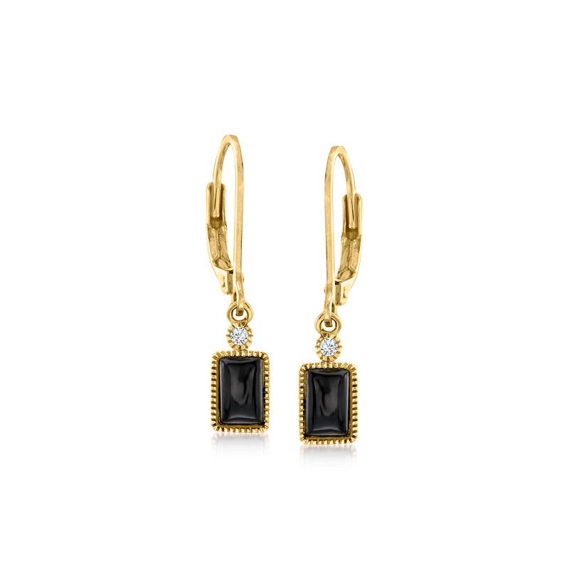 14kt yellow gold drop leverback earrings with black onyx and diamond accents