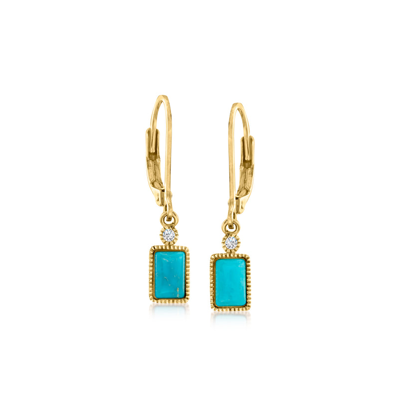 Turquoise square drop earrings in 14kt yellow gold with leverback and small diamond accents