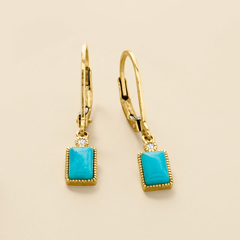 Turquoise square drop earrings, 14kt yellow gold leverback with bezel-set stone and diamond