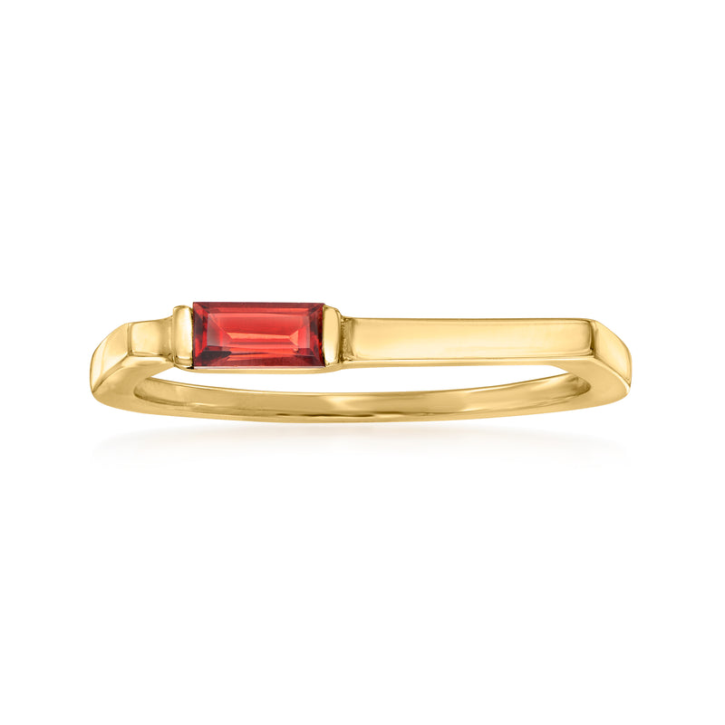 14kt yellow gold bar ring with square red garnet gemstone, polished band