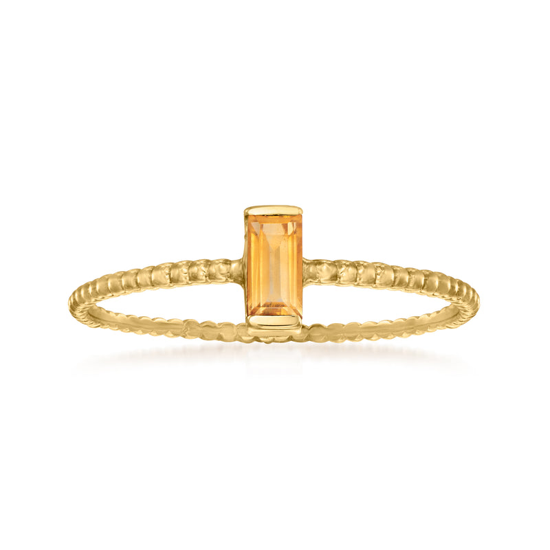 14kt yellow gold beaded ring with rectangular citrine gemstone, slim band