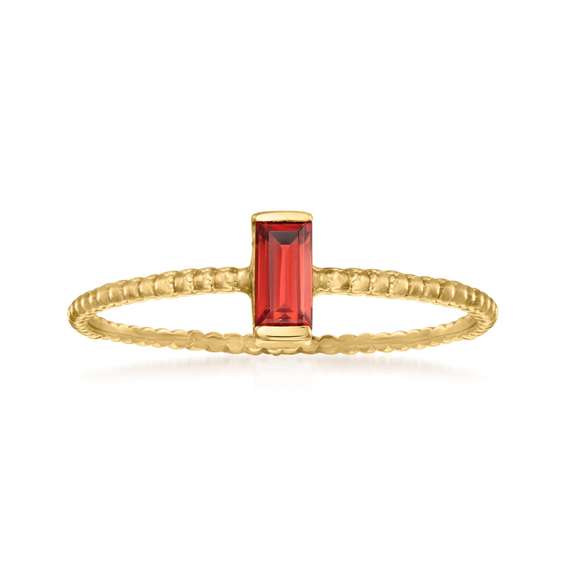 14kt yellow gold beaded band ring with rectangular red garnet gemstone setting