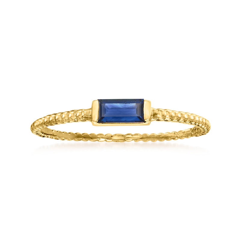 14kt yellow gold beaded ring with rectangular blue sapphire center