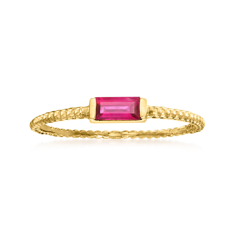 14kt yellow gold beaded ring with rectangular ruby centerpiece
