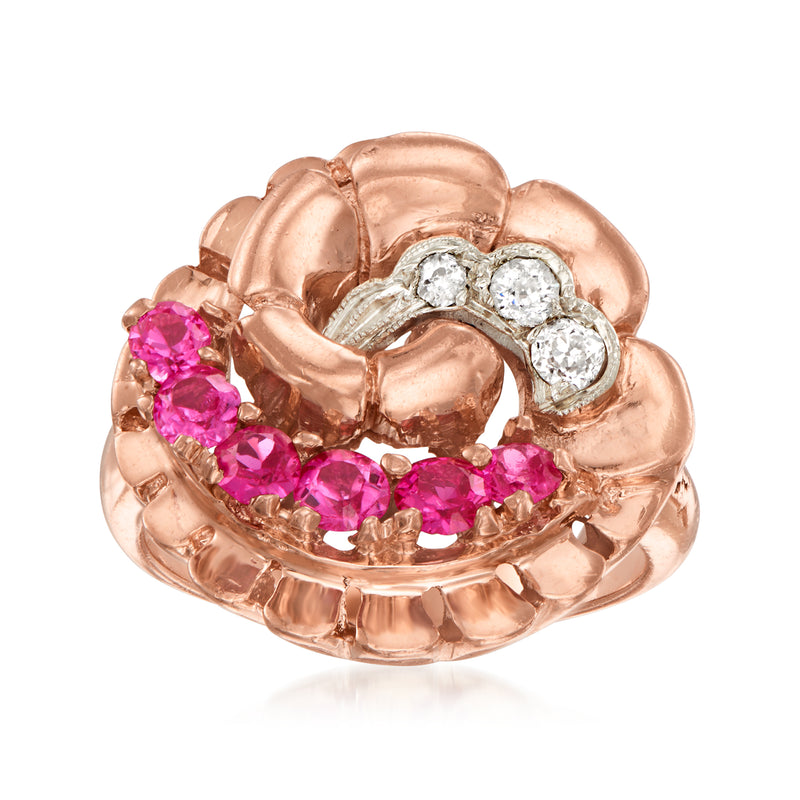 Rose gold vintage swirl ring with pink lab-grown ruby stones and round diamond accents