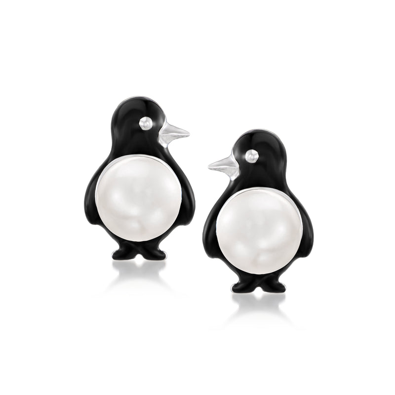 Sterling silver cultured pearl penguin stud earrings with black enamel, round pearl faces
