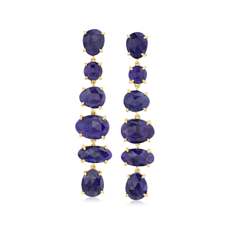 Linear drop earrings with dark blue oval sapphire stones in gold-tone settings
