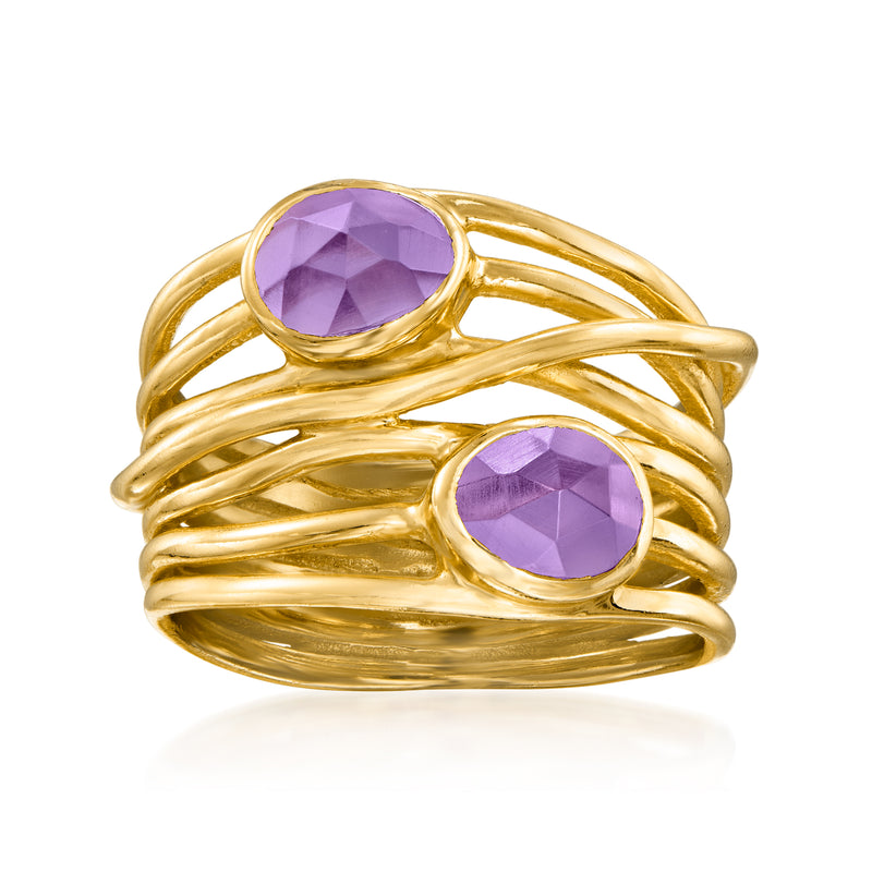 Gold over sterling amethyst ring with two oval purple gemstones and braided band