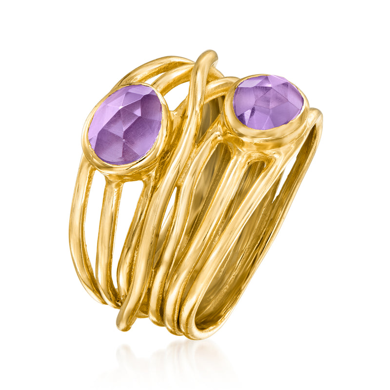Gold over sterling amethyst ring with two oval purple stones and sculpted wrap band