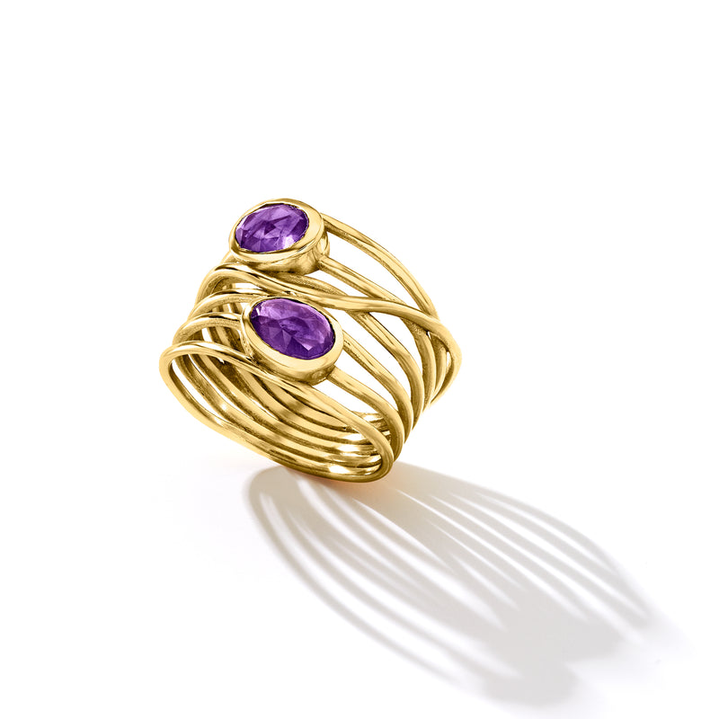 Gold over sterling amethyst highway ring with two oval purple stones on ribbed gold band