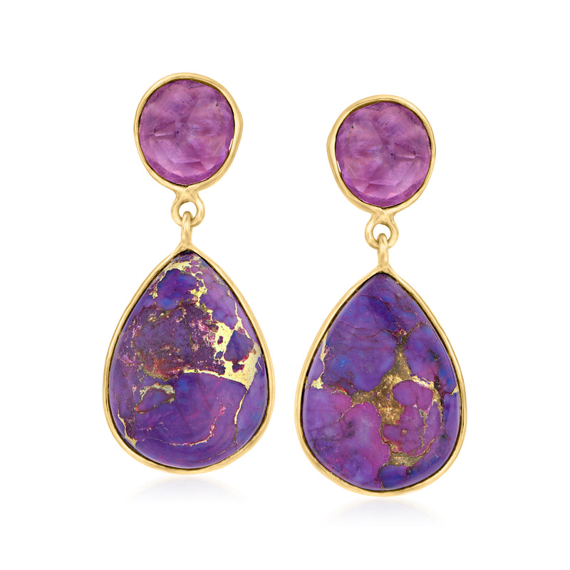 Gold-tone drop earrings with purple teardrop gemstones and gold settings