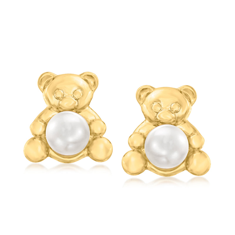 Cultured pearl teddy bear stud earrings with gold-tone bear and white round pearl