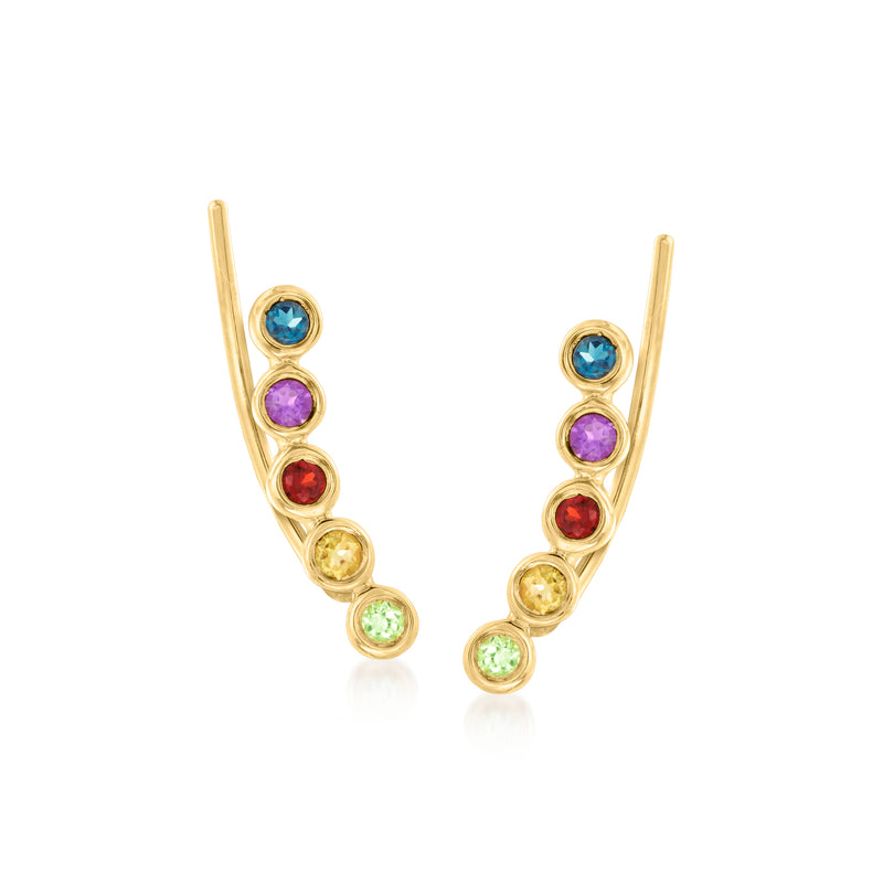 14kt yellow gold ear climber earrings with blue, purple, red, green gemstones