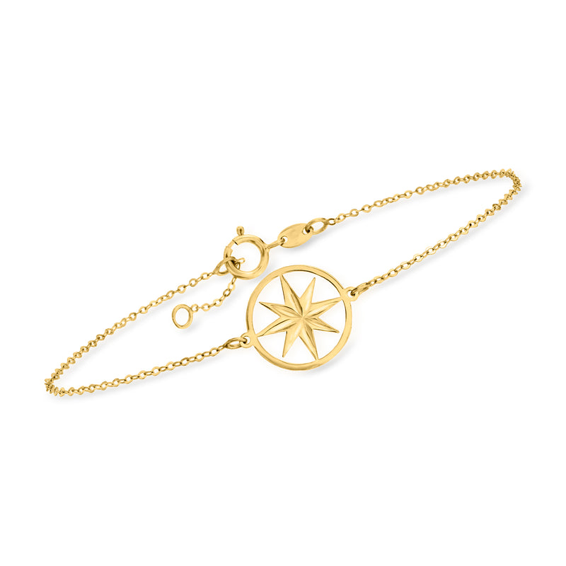 14kt yellow gold North Star charm bracelet with round star pendant and chain clasp