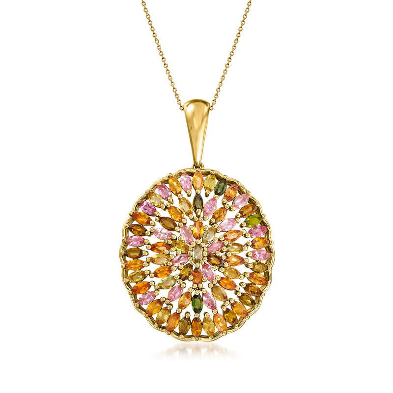 Multicolored tourmaline round pendant necklace with gold chain