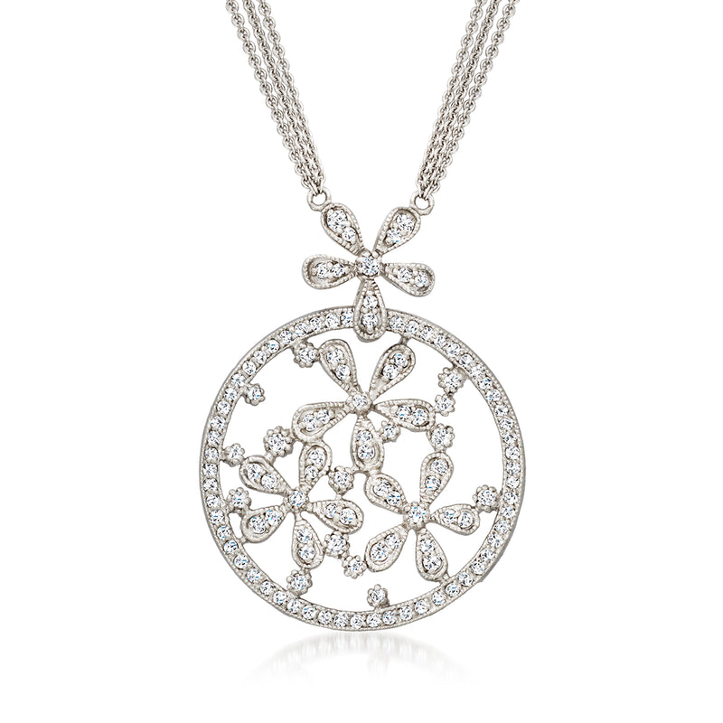 14kt white gold diamond floral circle pendant necklace with round lace-like design