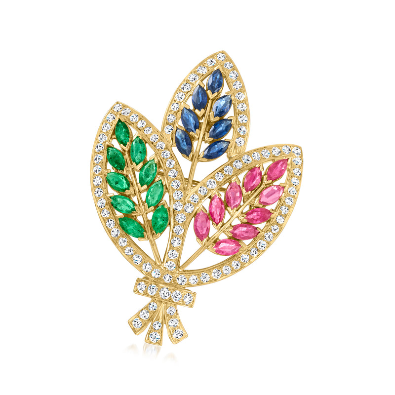 18kt yellow gold leaf pin/pendant with green, blue, pink gemstones and diamond accents
