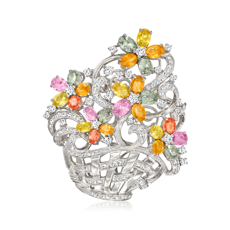 Vintage multicolored sapphire and diamond flower basket pin in 18kt white gold