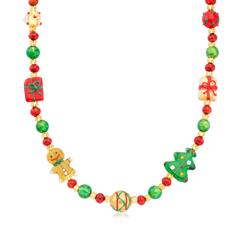 Multicolored Murano glass bead necklace with holiday charms, 18kt gold over sterling
