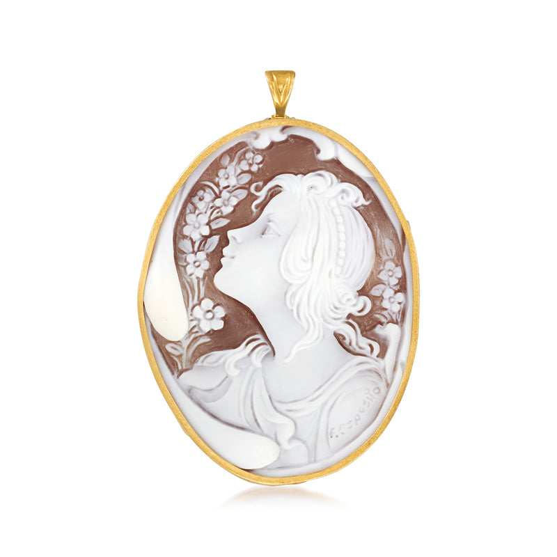 18kt yellow gold oval cameo pin with white woman profile on brown shell