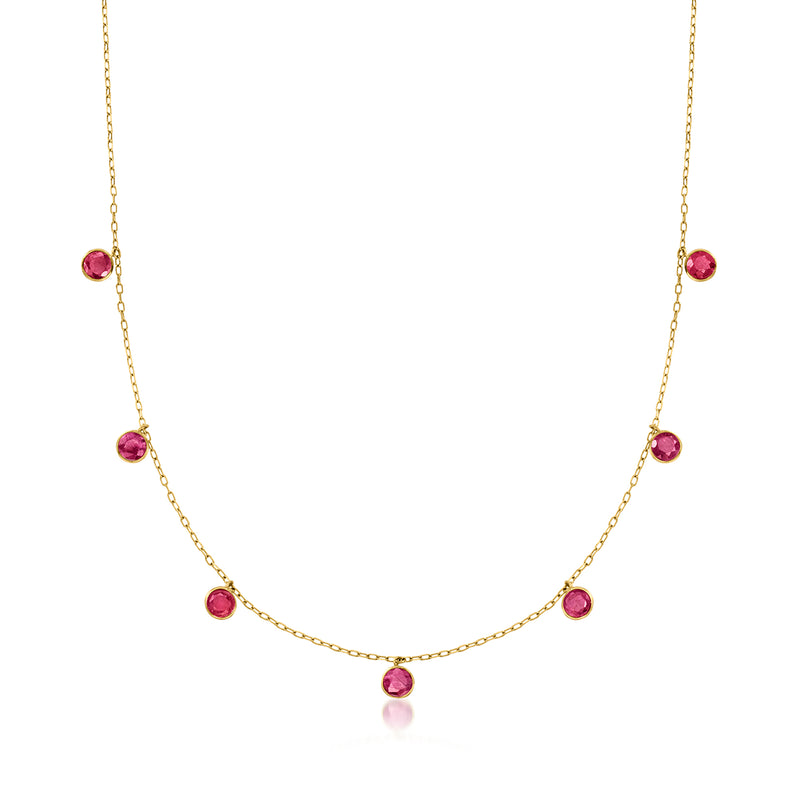 14kt yellow gold station necklace with bezel-set round ruby red stones