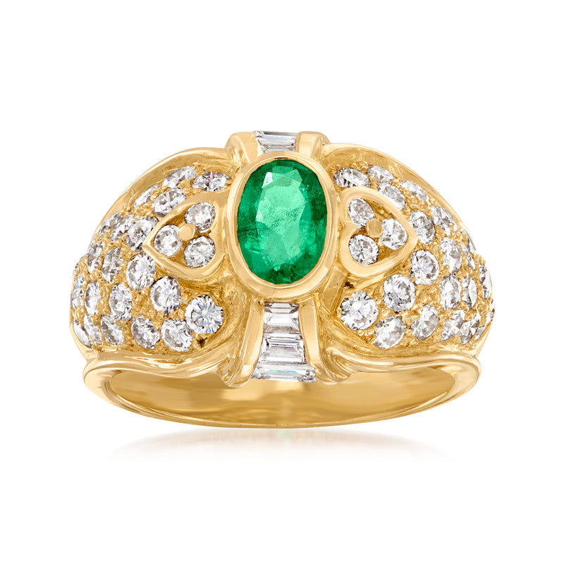 Vintage 18kt yellow gold ring with oval emerald-green center and round diamond clusters