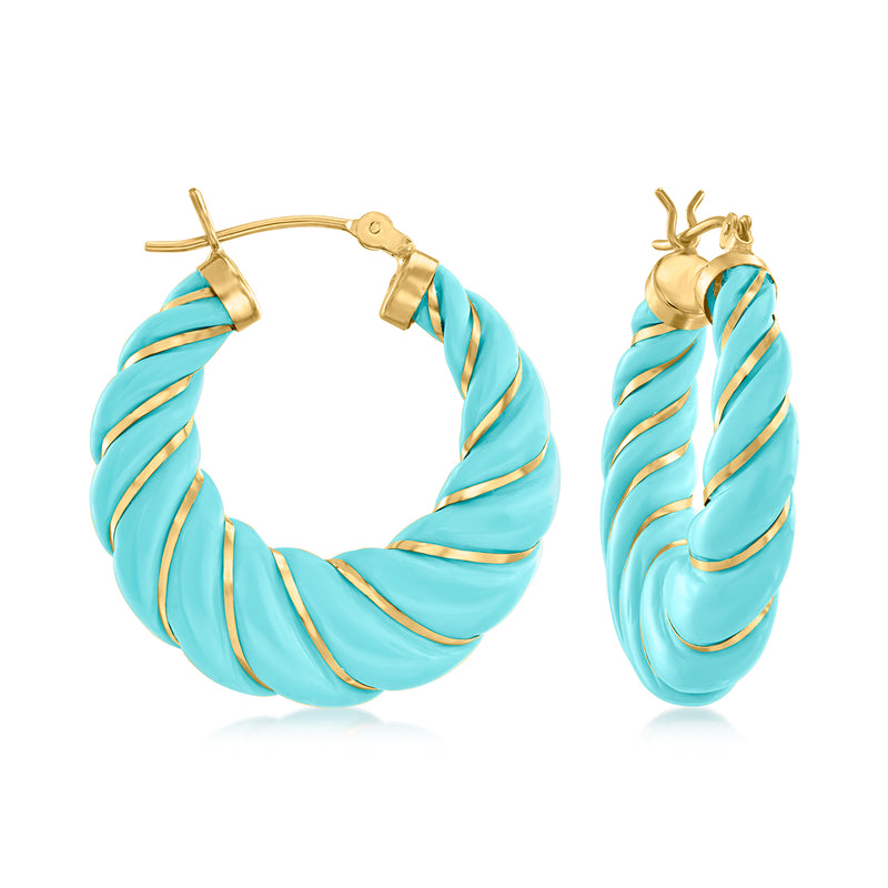 14kt yellow gold hoop earrings with carved turquoise blue twisted enamel design