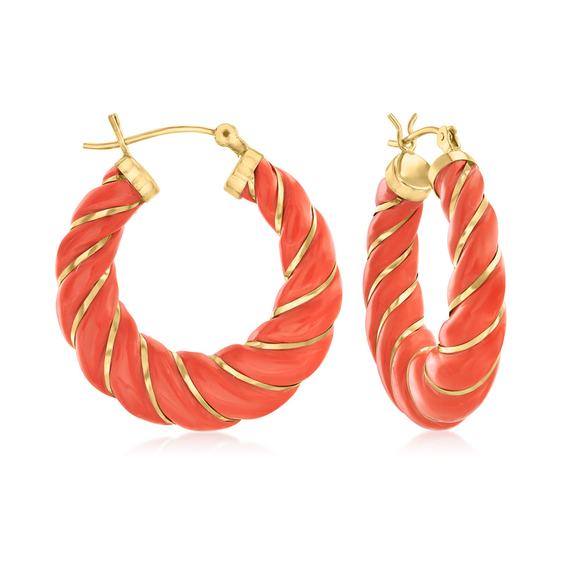 Twisted coral-red simulated coral hoop earrings in 14kt yellow gold, sculpted swirl detail