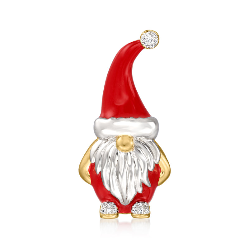 Red enamel winter gnome pin with gold-tone cap, white beard, and small crystal accents