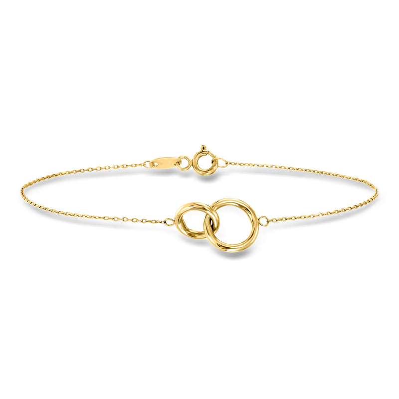 14kt yellow gold circle bracelet with linked double ring center and chain links