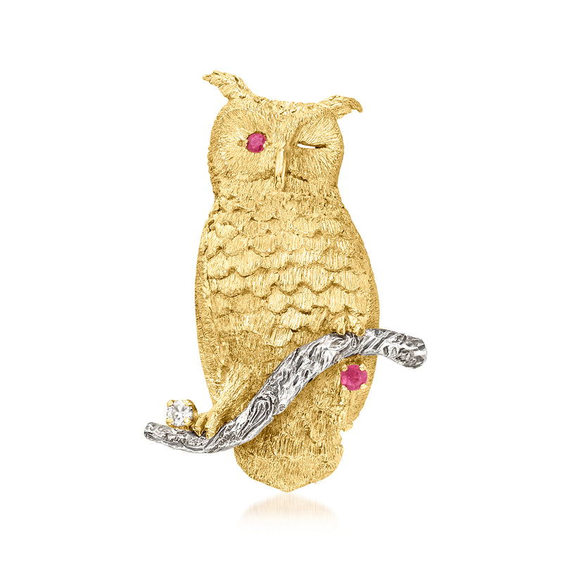 Vintage owl pin in two-tone gold with ruby eye and small diamond accents