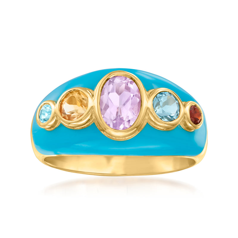 18kt gold over sterling ring with blue enamel, oval purple center and blue/yellow/red side gems