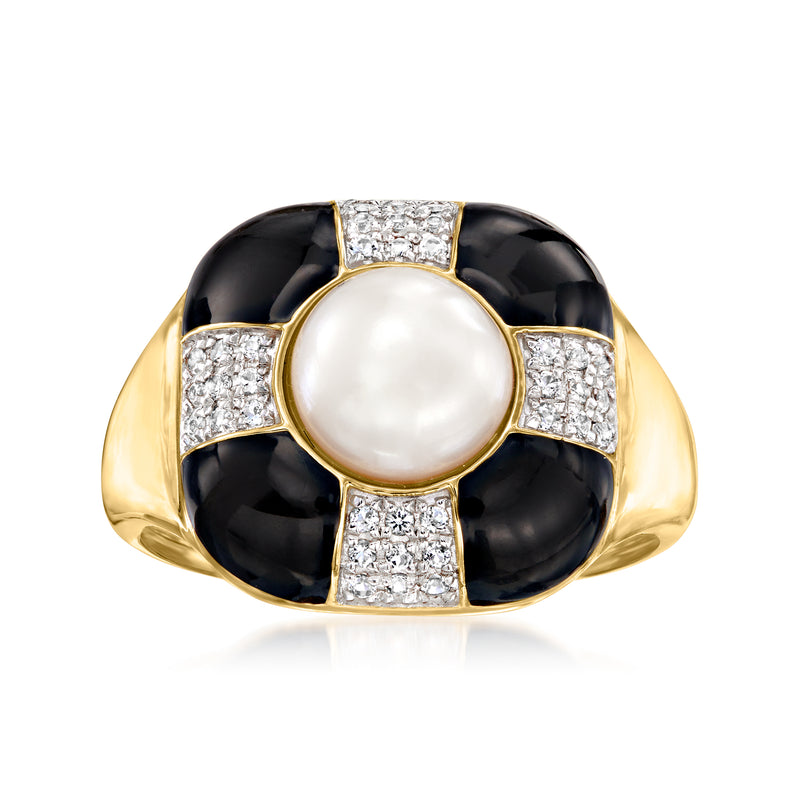 Gold-tone ring with round white cultured pearl, black enamel, and white gemstone accents