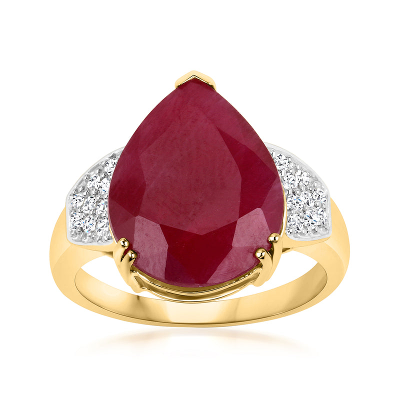 14kt yellow gold ruby teardrop ring with diamond side accents