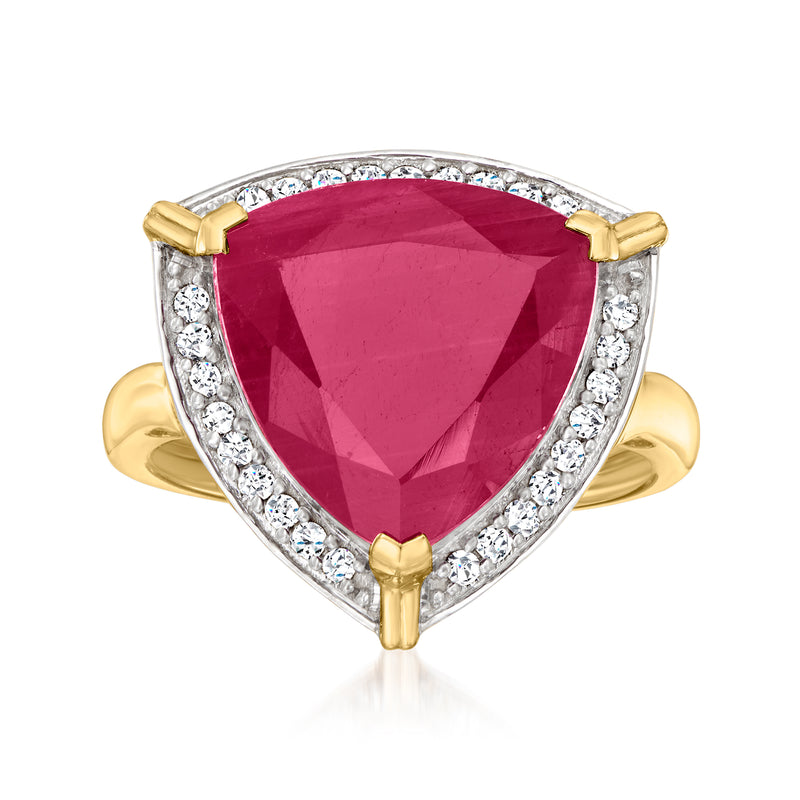 14kt yellow gold ruby and diamond ring with pear-cut ruby center and diamond halo