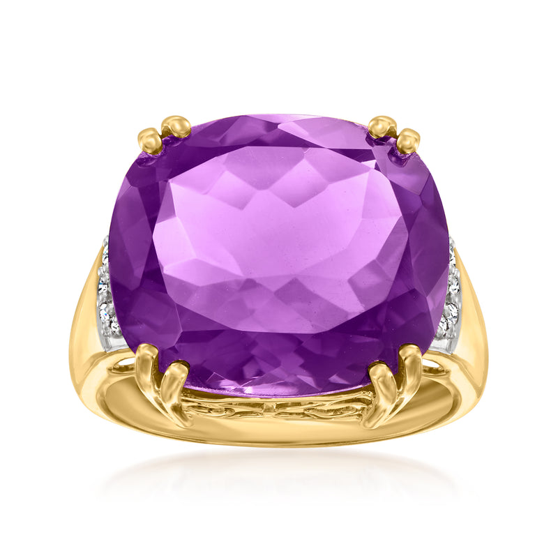 14kt yellow gold ring with large oval amethyst and diamond accents on shank