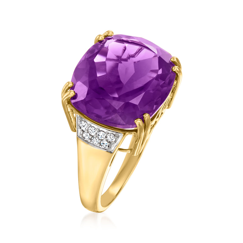 14kt yellow gold ring with oval purple amethyst center and round diamond side band