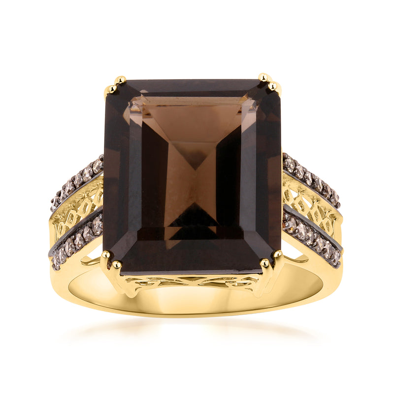 Smoky quartz ring with brown diamond accents in 14kt yellow gold