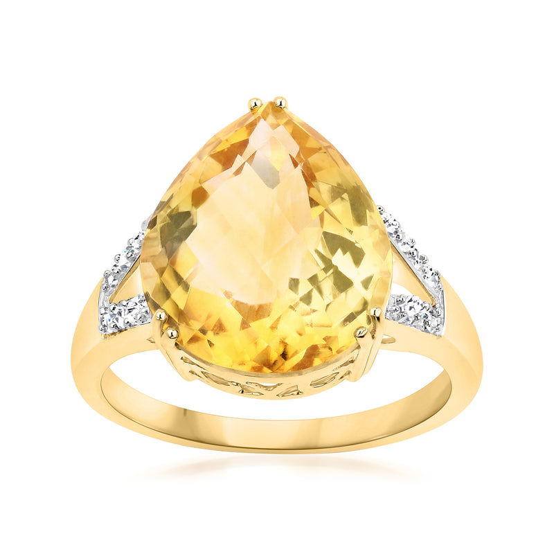 14kt yellow gold ring with pear-cut citrine center stone and diamond side accents