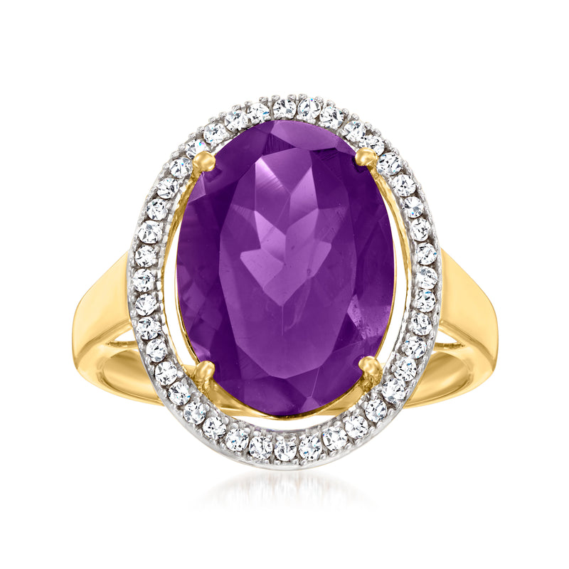 Oval amethyst gemstone ring with diamond halo and 14kt yellow gold band