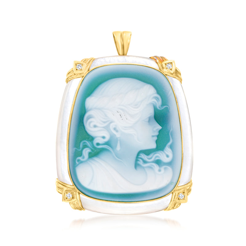 Vintage blue agate cameo pin/pedant with white profile, diamond accents, 18kt yellow gold