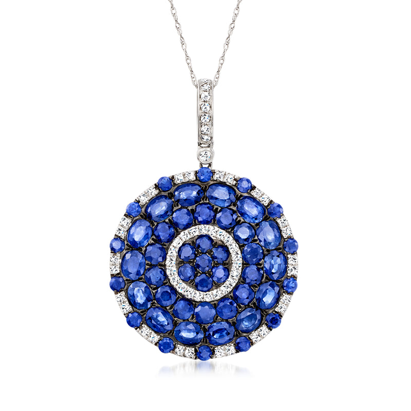 18k white gold circular disc pendant necklace with blue sapphire and diamond halo