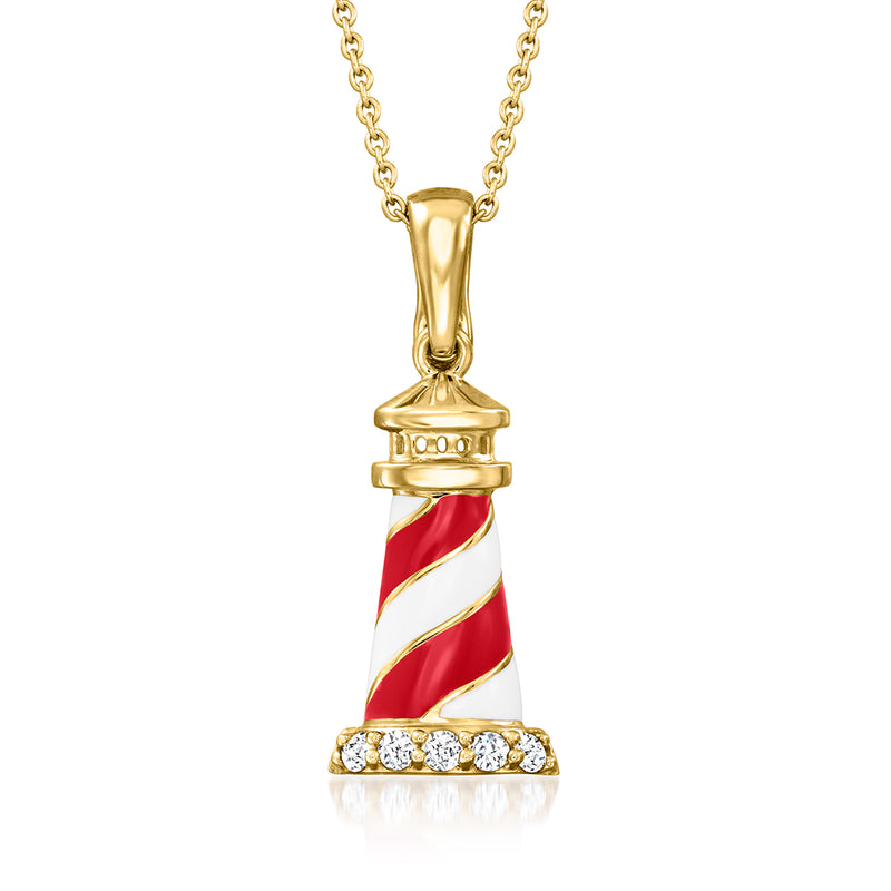 Lighthouse pendant necklace with red-and-white enamel and white gemstone accents