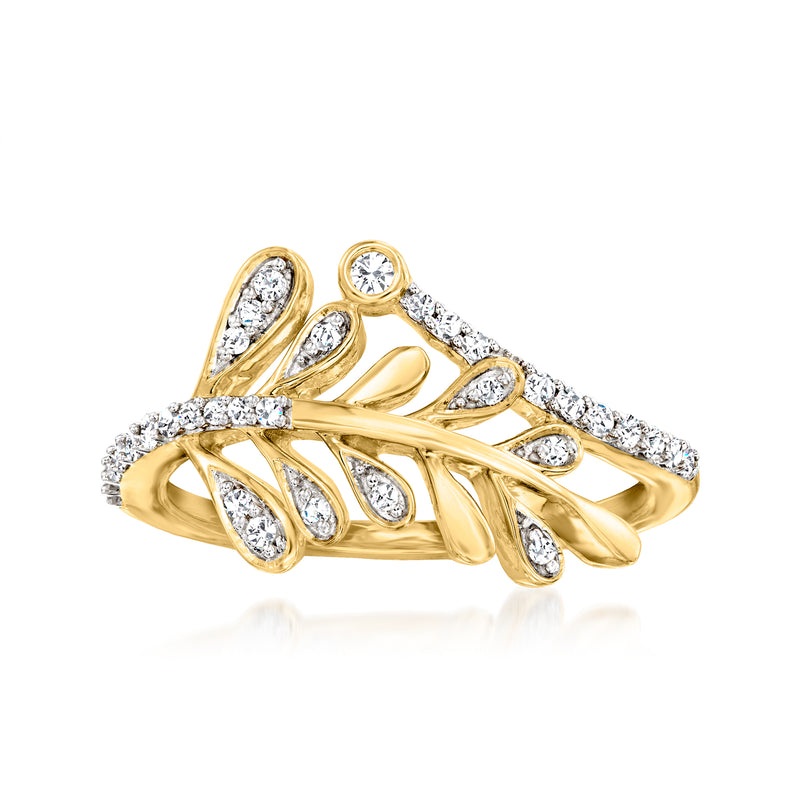 18kt gold over sterling leaf bypass ring with round clear stones, pave accents
