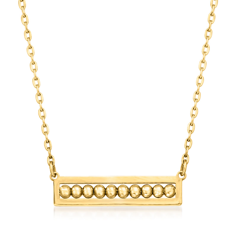 14kt yellow gold beaded bar necklace with round bead row and chain links